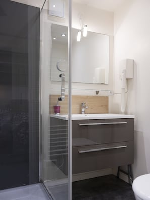 Shower, hair dryer, towels