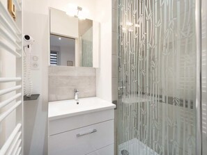 Shower, hair dryer, towels