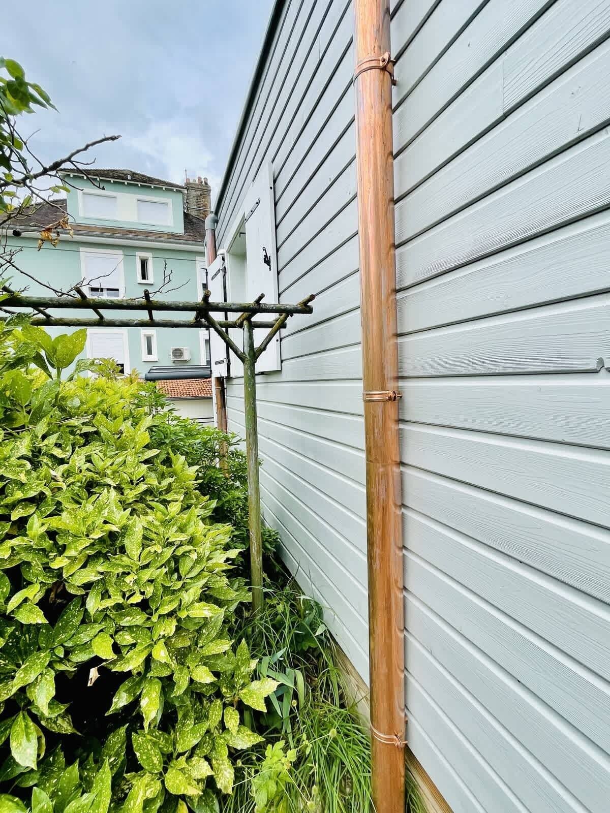 A house with a grey siding exterior, a wooden fence, and green foliage.