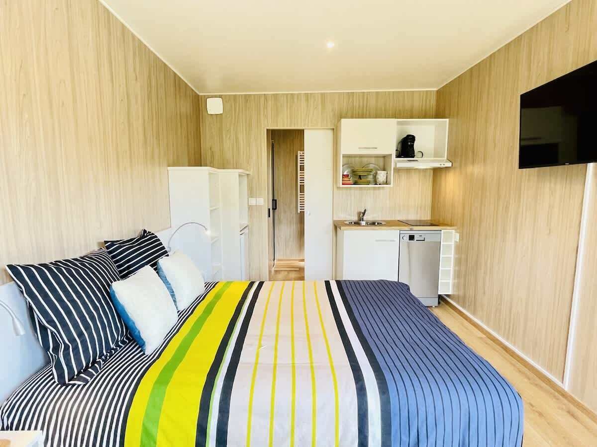 A compact hotel room with a bed, a kitchenette, and a TV.