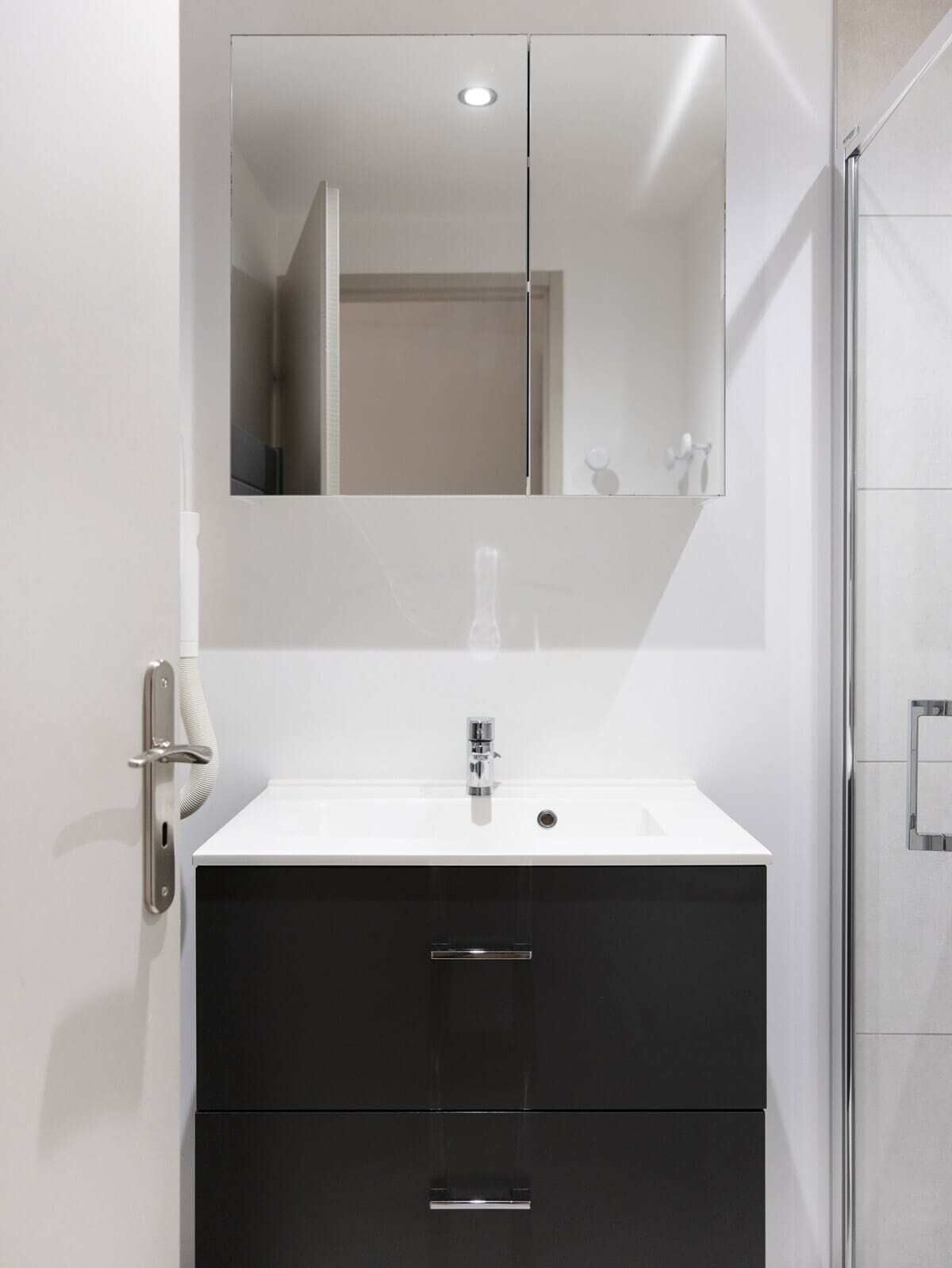 Uma casa de banho moderna com uma pia branca, armários escuros, um espelho e uma zona de duche.