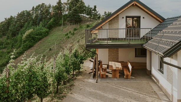 A two-story house with a balcony, a wooden table and bench, and a vineyard in the background. - Haloze hills in your hand (Cirkulane)