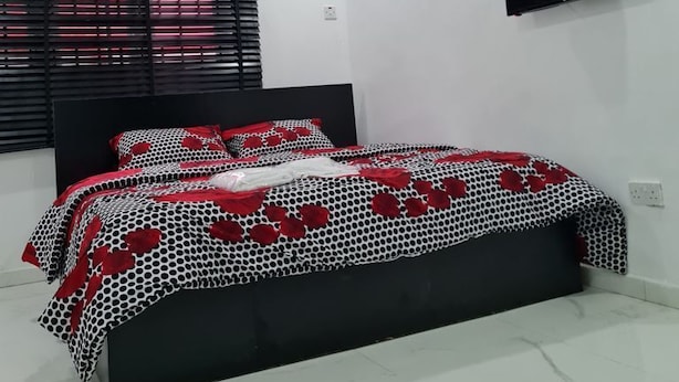 A bedroom with a bed, a TV, and an air conditioning unit. - Beautiful Suits Apartment Near Airport Lagos (Lagos)
