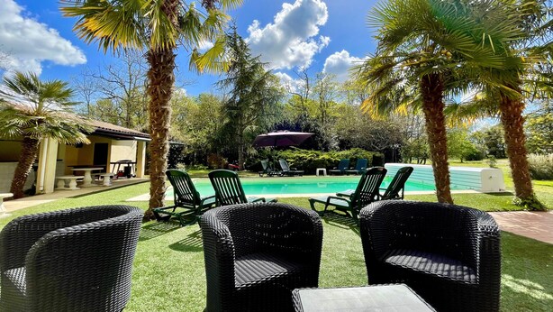 A poolside area with wicker chairs and a table, surrounded by palm trees and a clear blue sky. - Les Trois Cèdres (Saint Ouen d'Aunis)