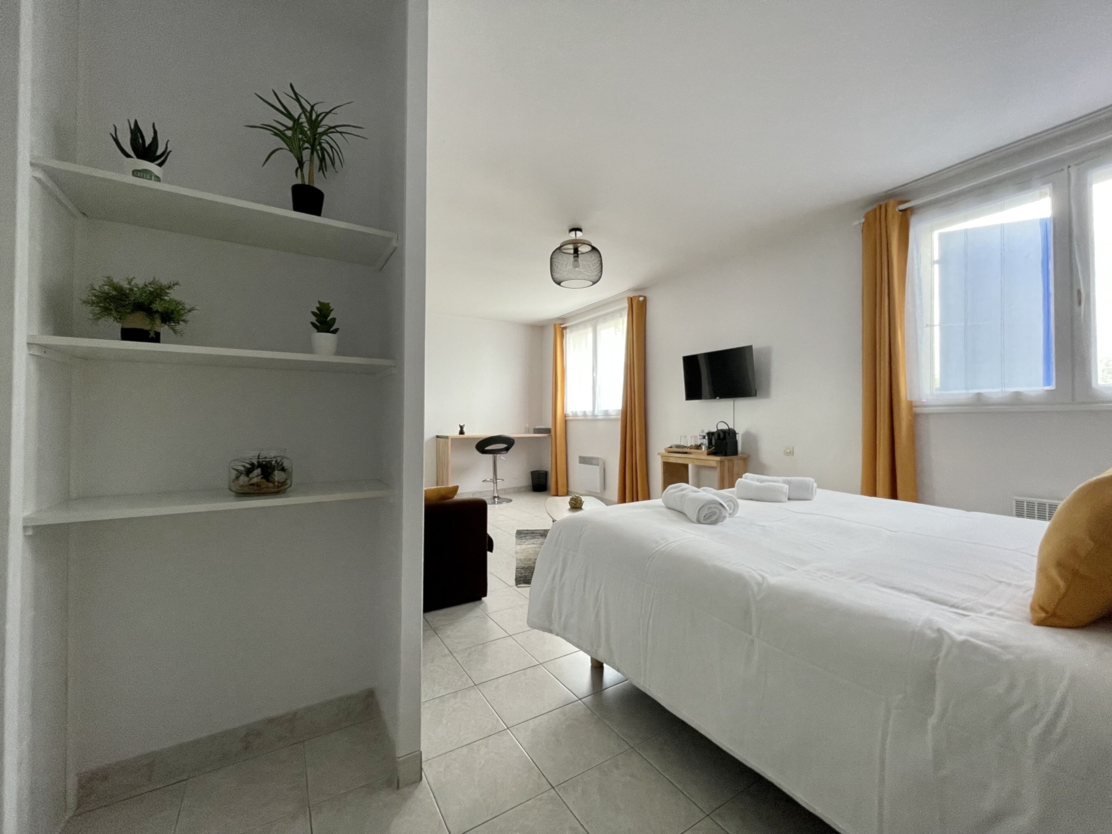 Une chambre d’hôtel avec un lit, une télévision, un bureau et des étagères ornées de plantes.