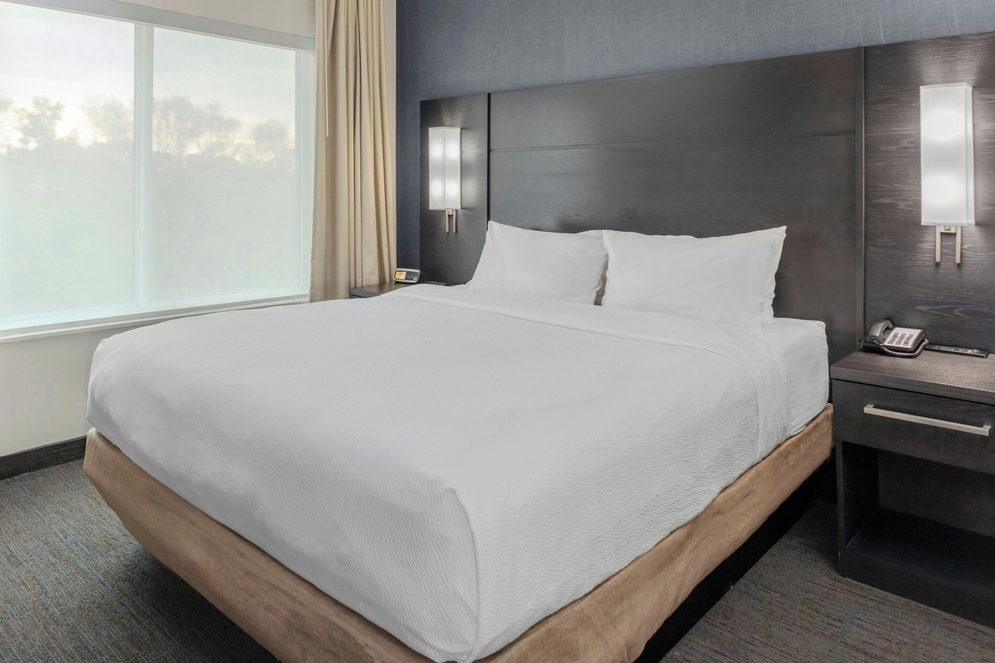 A hotel room with a large bed, a nightstand, a bedside lamp, and a view of the outdoors through a window.