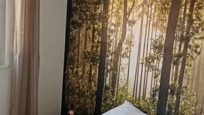 Une chambre avec un grand lit, une tête de lit ornée d’une fresque représentant une forêt, un luminaire suspendu et un tapis à motifs.