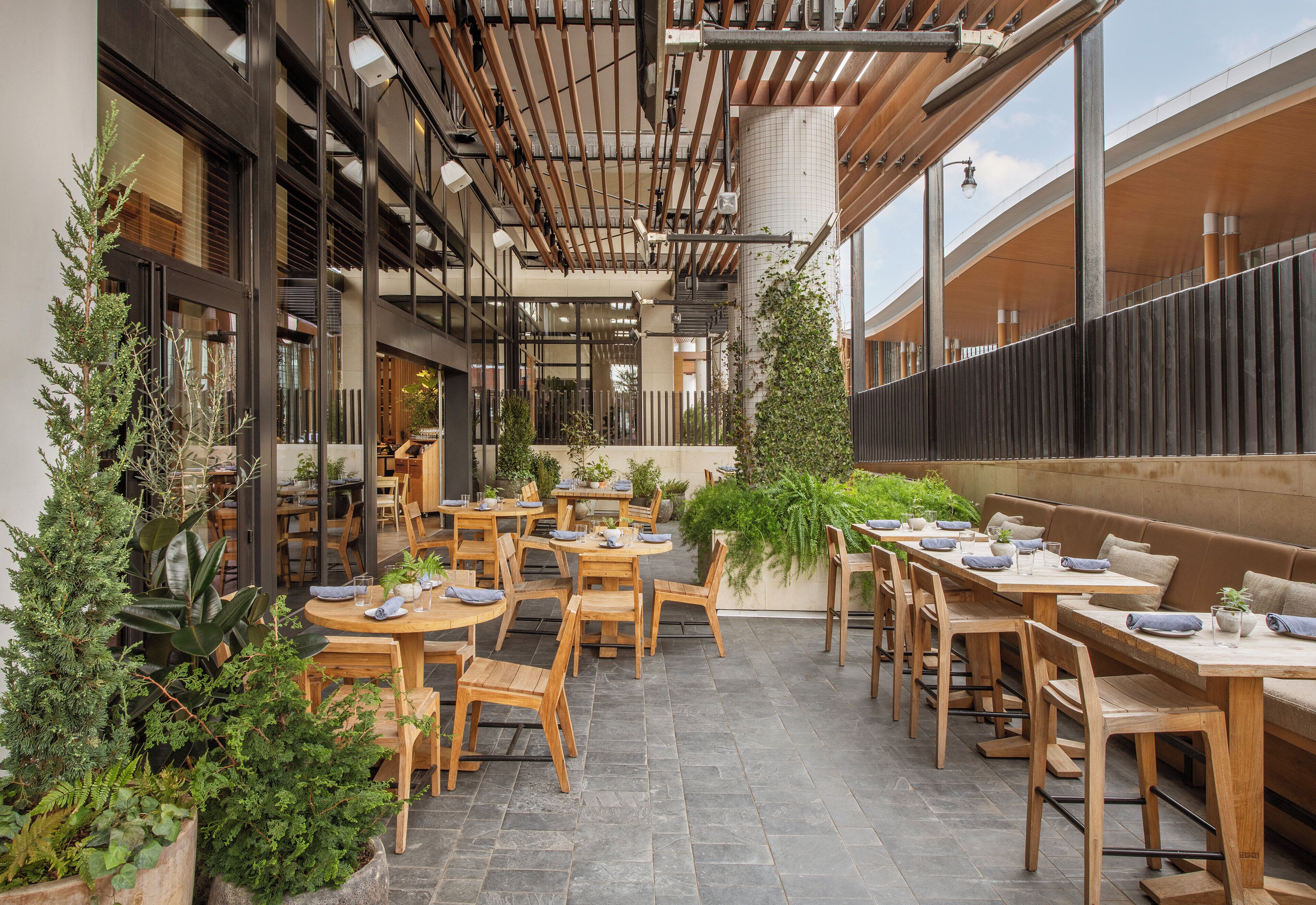 Un área de comedor al aire libre con mesas y sillas de madera, plantas en macetas y vista del interior del edificio.