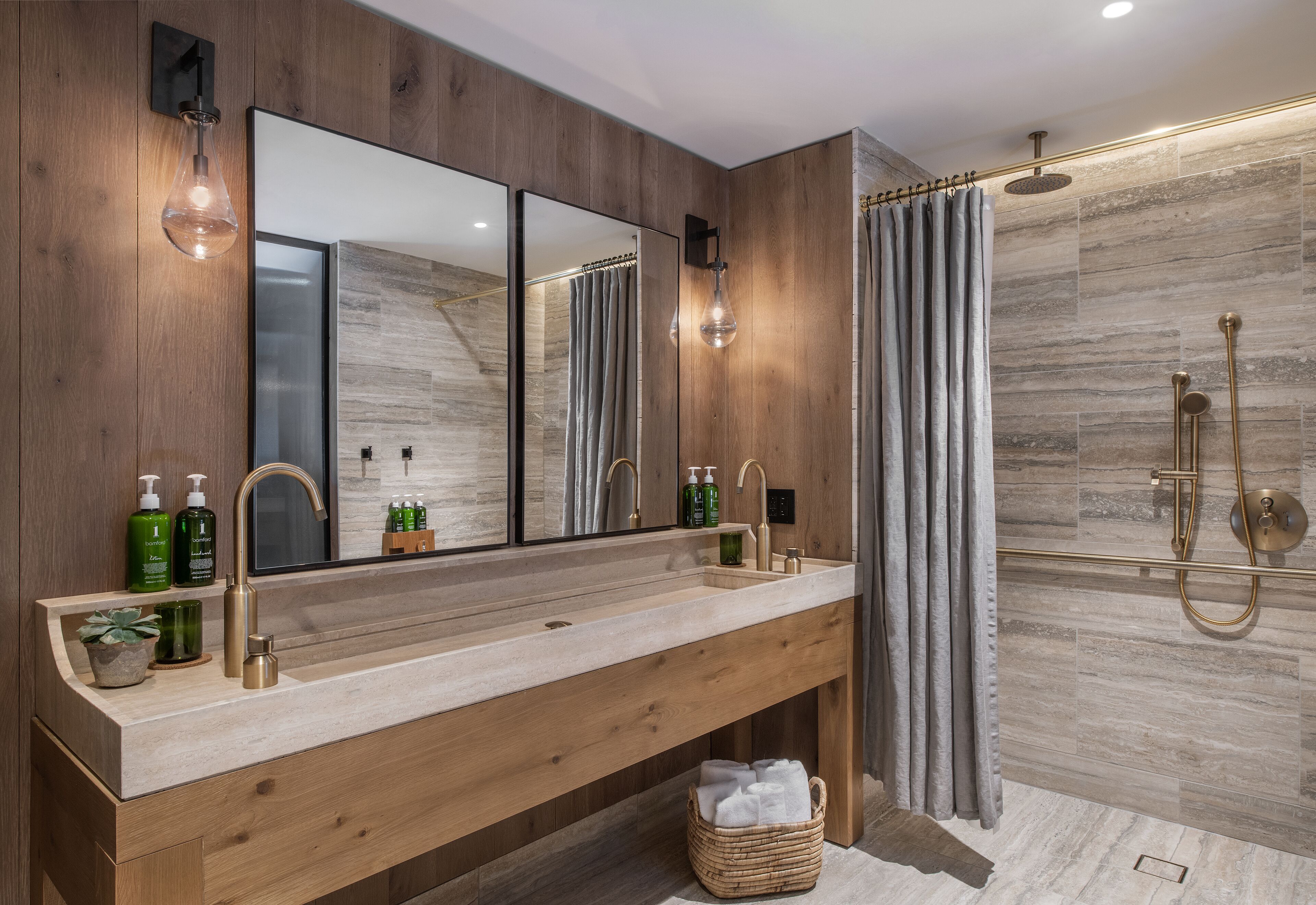 rainfall showerhead, designer toiletries, hair dryer, bathrobes