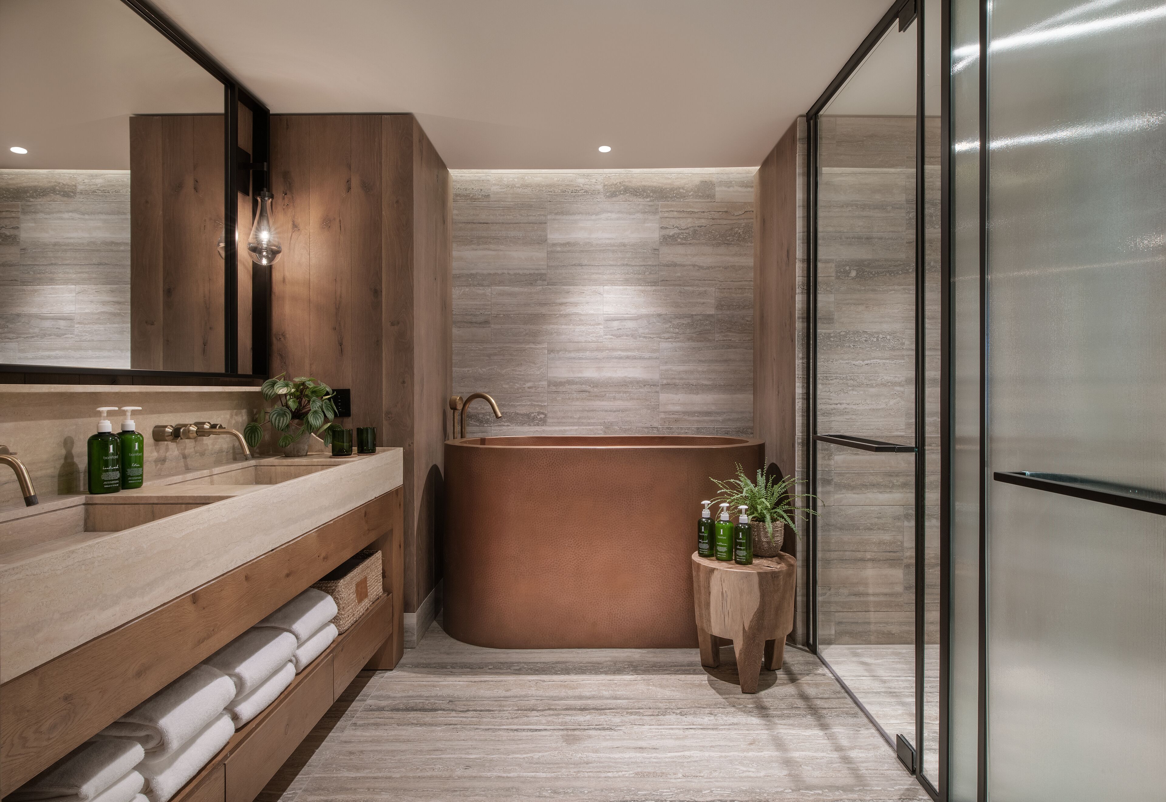 rainfall showerhead, designer toiletries, hair dryer, bathrobes