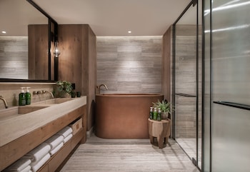 Rainfall showerhead, designer toiletries, hair dryer, bathrobes at 1 Hotel Nashville