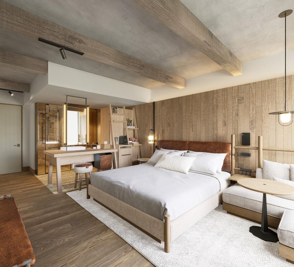 Een moderne slaapkamer met een groot bed, nachtkastjes, een bureau en een kledingkast.