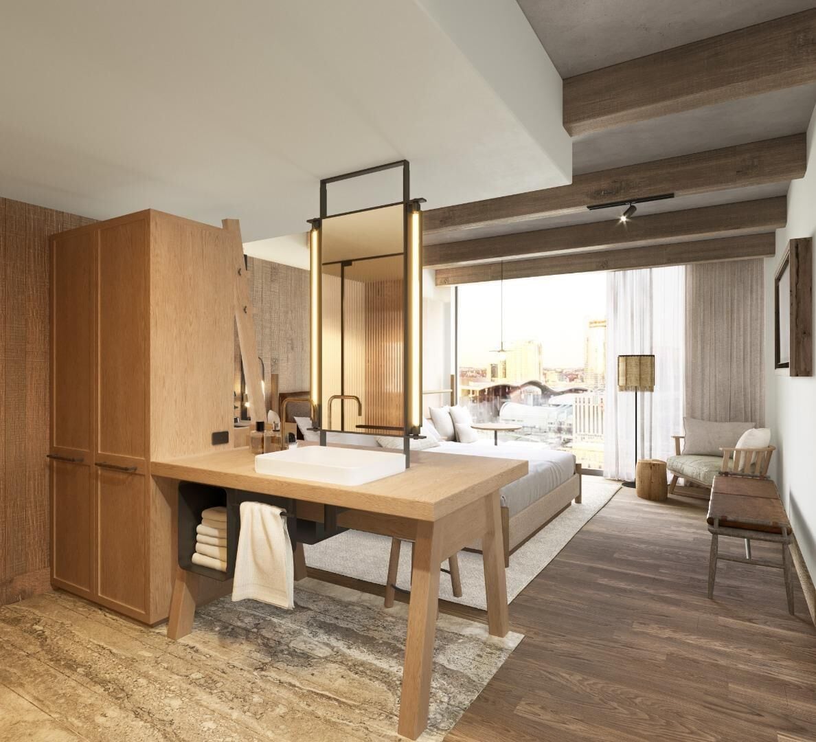 Een moderne slaapkamer met een groot bed, een houten garderobe, een bureau met spiegel en uitzicht op de stad.