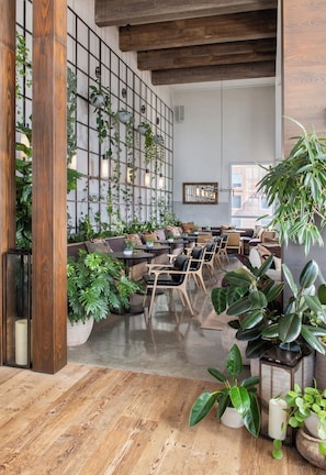 A modern interior with wooden floors, a seating area with sofas and chairs, and various potted plants.