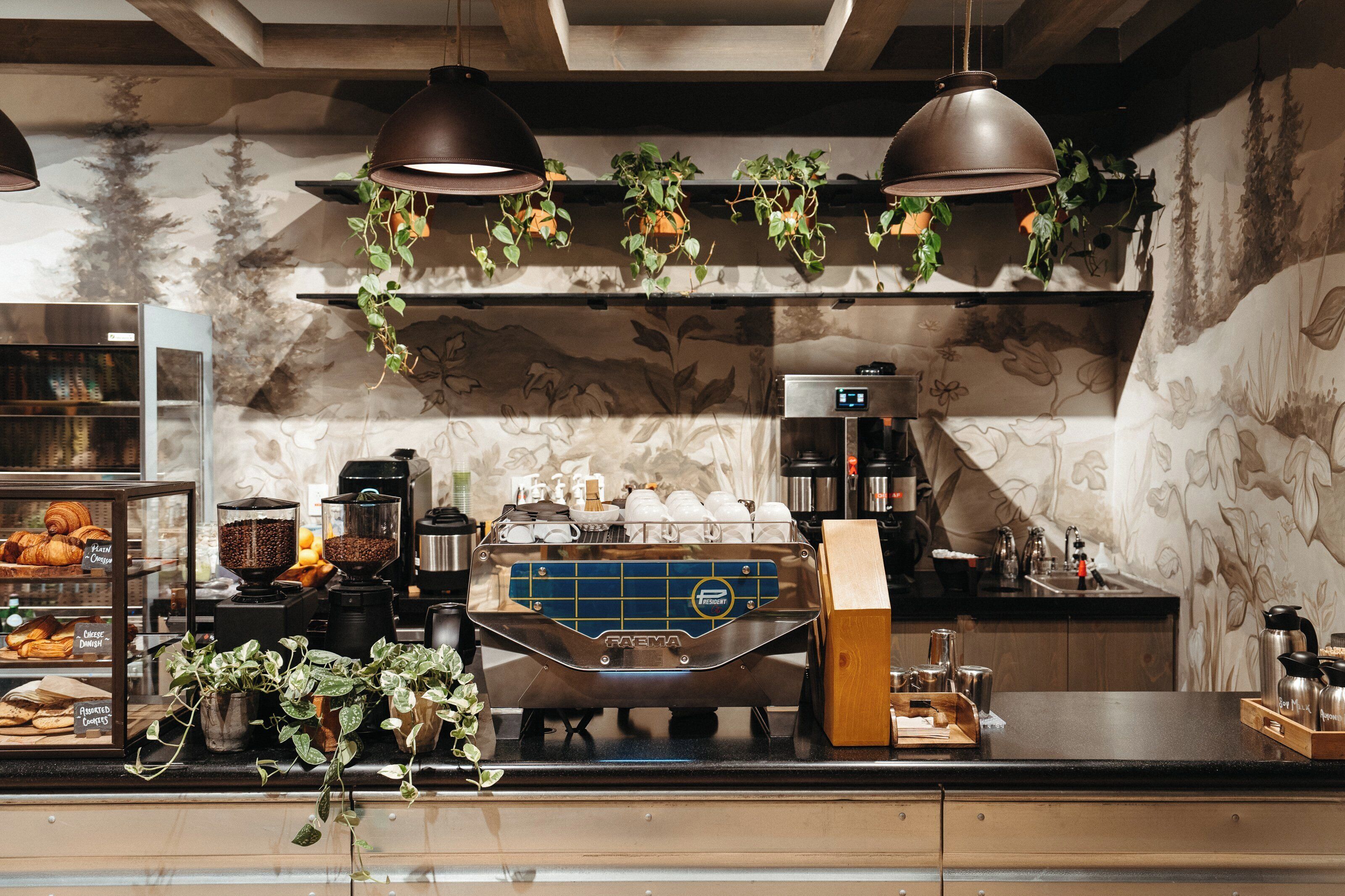 Interior de una cafetería con una máquina de café, estantes con pasteles, plantas colgantes y una pared con diseño floral.