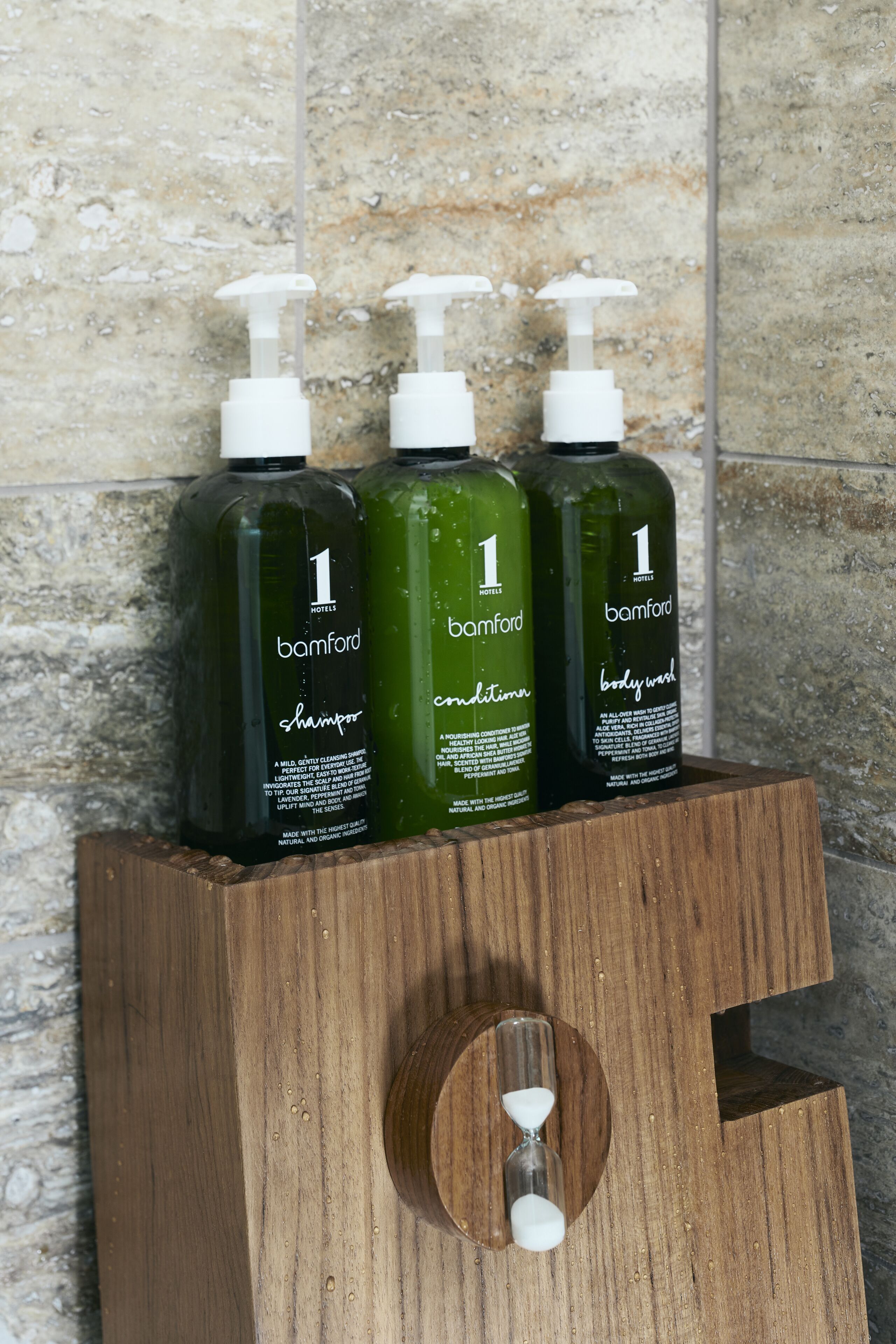 rainfall showerhead, designer toiletries, hair dryer, bathrobes