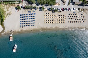 On the beach, sun-loungers, beach towels