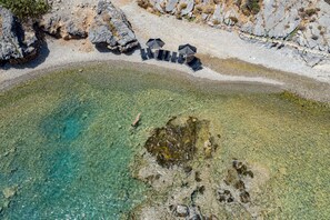 On the beach, sun-loungers, beach towels