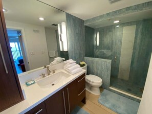 Douche, sèche-cheveux, shampoing