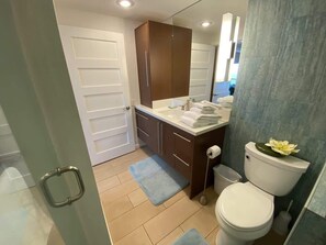 Shower, hair dryer, shampoo