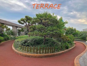 Un espace aménagé avec un arbre central, entouré d’une bordure en briques et d’une clôture en bois.