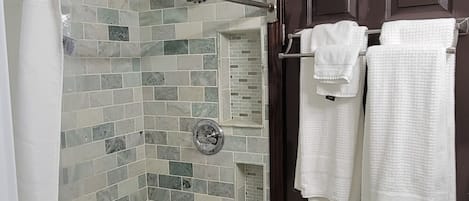 Regadera, secadora de cabello, toallas, papel de baño
