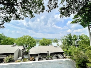 A residential area with multiple houses, a clear sky, and a river in the background.