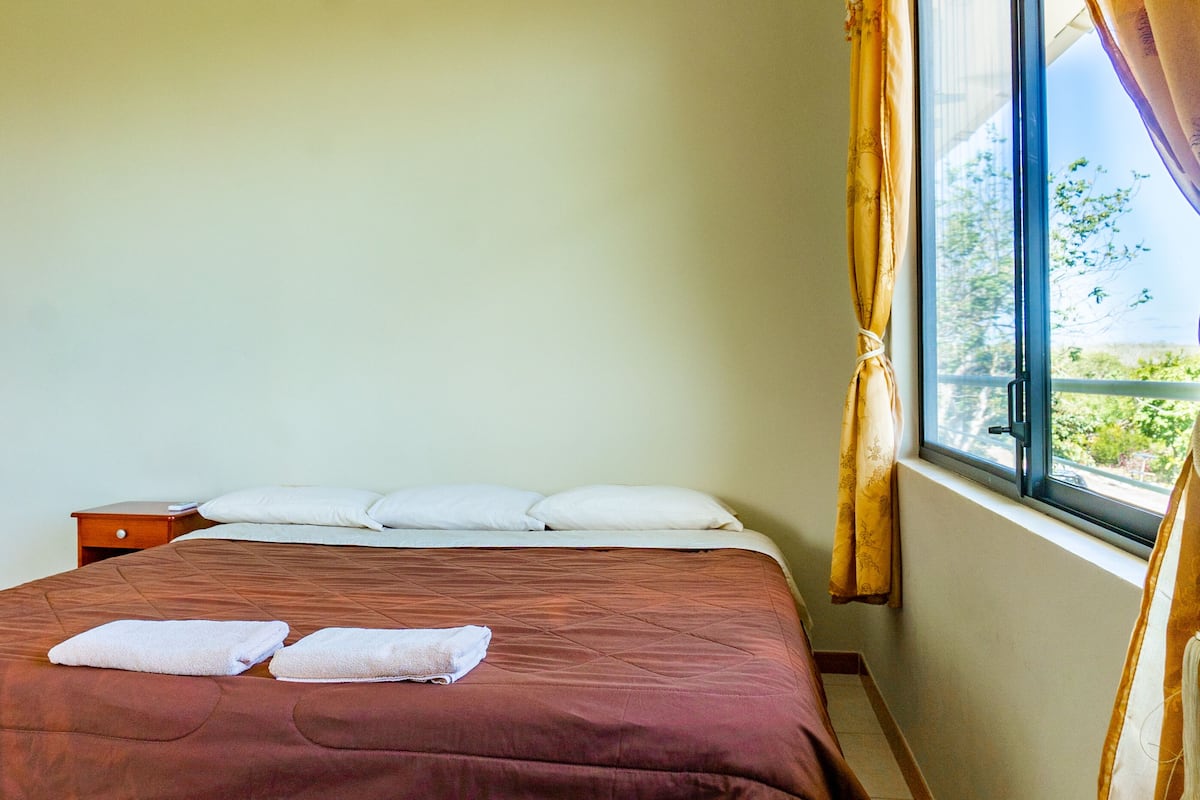 Quarto de hotel com cama, almofadas, mesa de cabeceira e janela com cortinas.