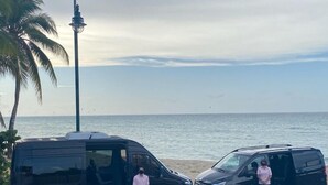 Deux fourgonnettes noires sont garées sur une plage, avec un palmier et un lampadaire en arrière-plan.
