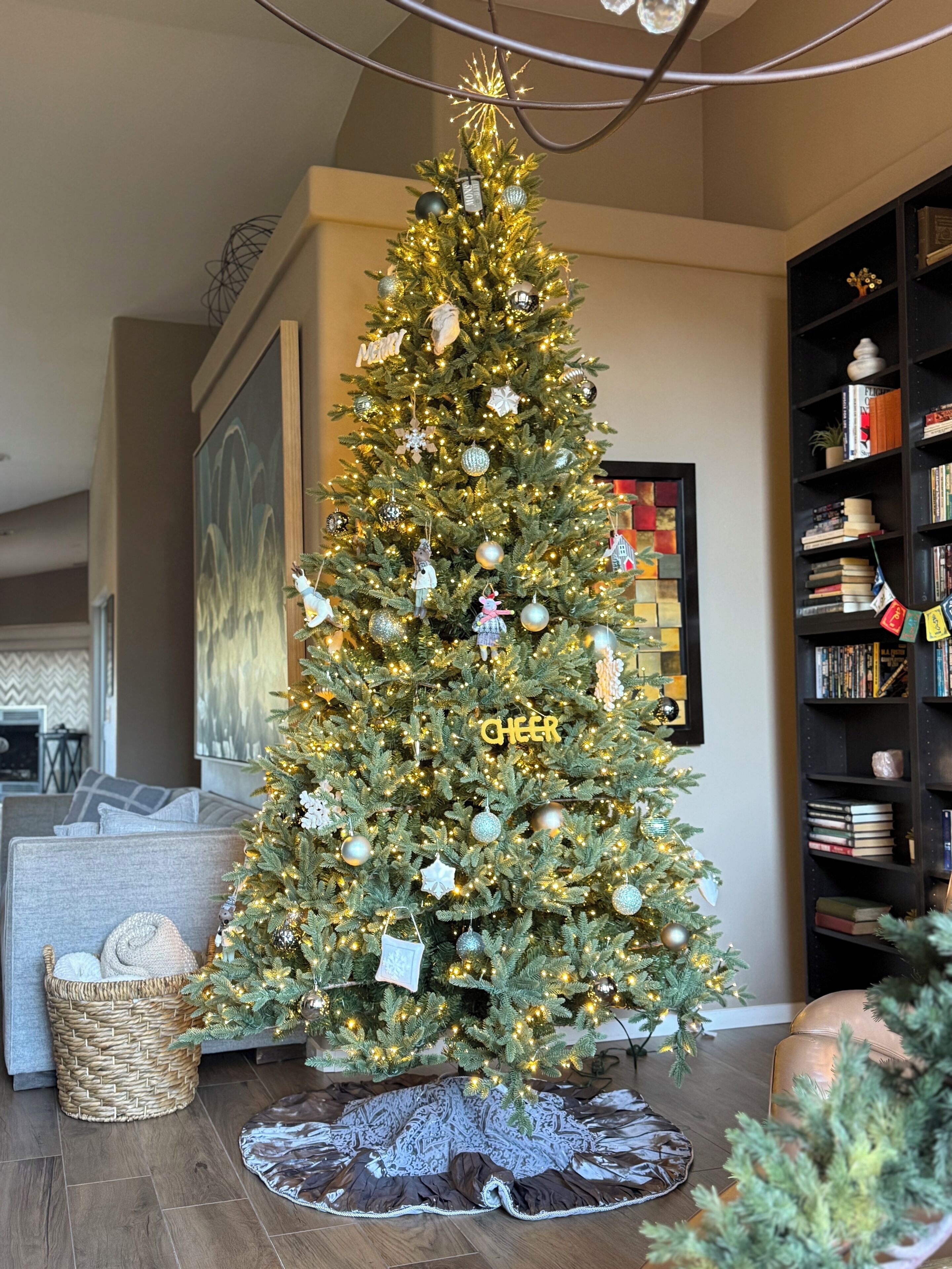 A Christmas tree with ornaments and lights, a bookshelf, and a couch in a living room.