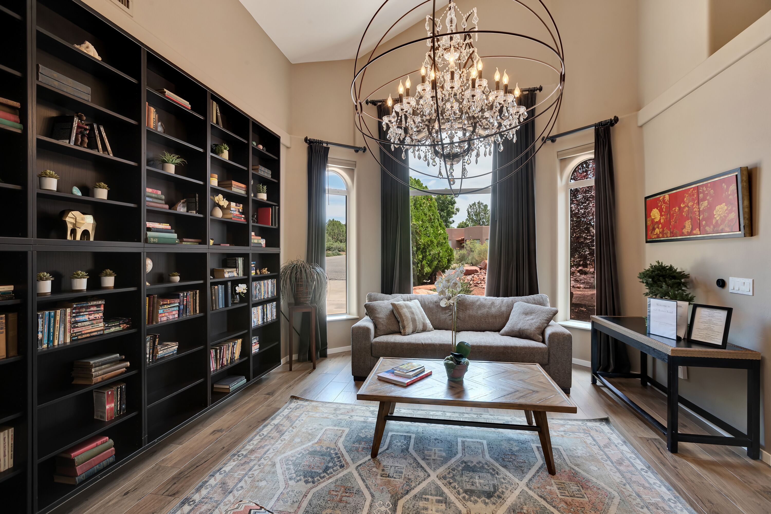 Smart TV, fireplace, books