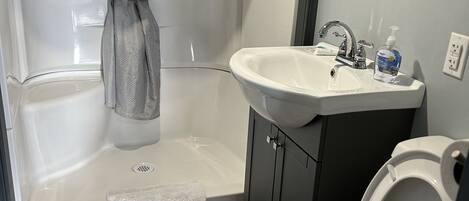 A bathroom with a shower, toilet, sink, and mirror.