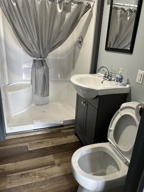 A bathroom with a shower, toilet, sink, and mirror. - La Digue Suites  (Cheticamp)