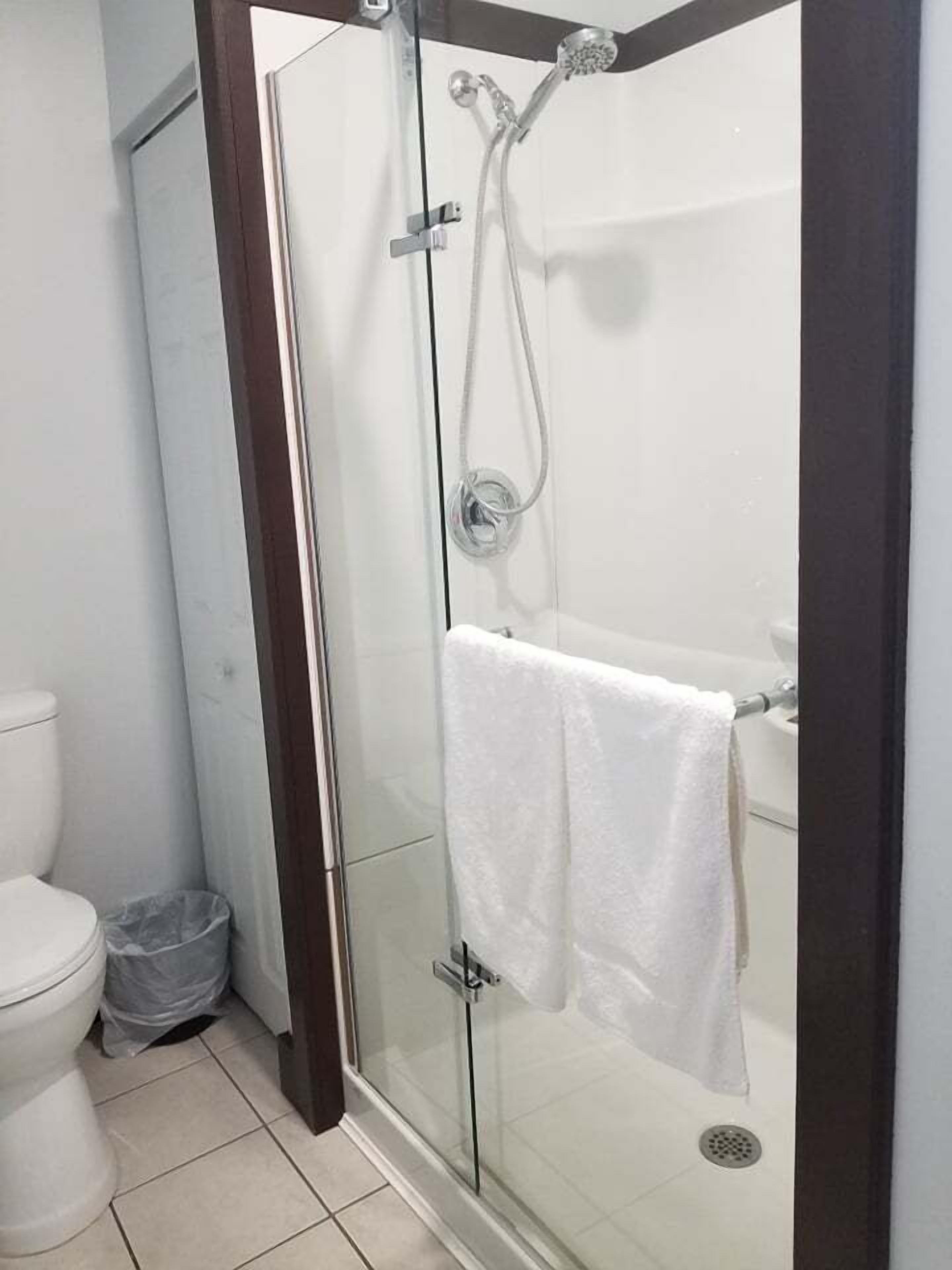 A glass-enclosed shower with a handheld showerhead and a towel rack.