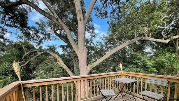 A wooden deck with a table and chairs, surrounded by trees.