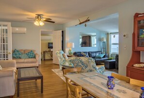 Smart TV, fireplace, table football, books