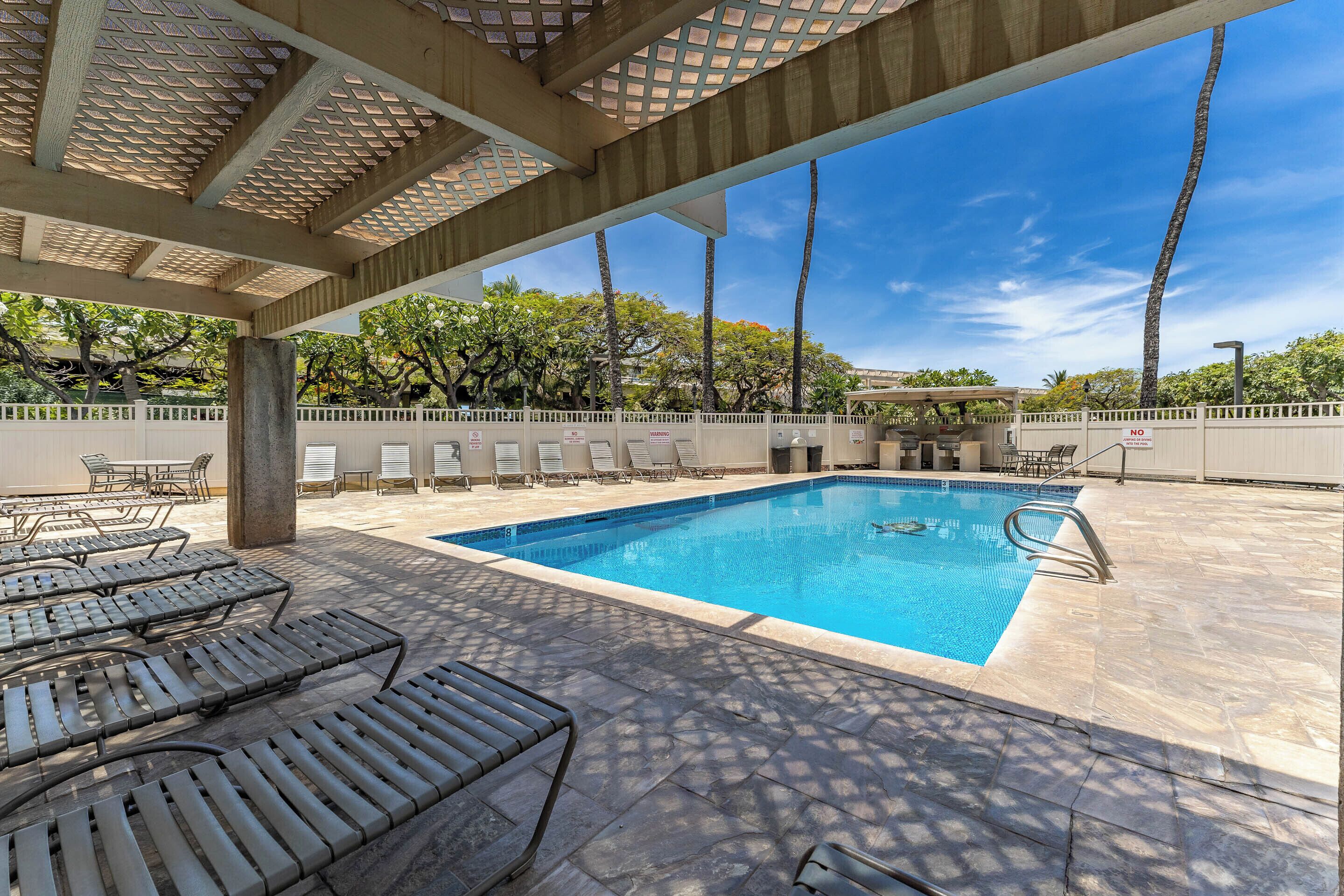 A swimming pool with lounge chairs and a covered area with a lattice ceiling.