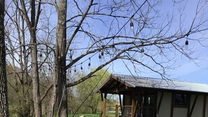 A rustic wooden structure with a metal roof, surrounded by a grassy area and trees. - The Makenzee at Ridgeview. Asheville rental! Luxurious Glamping! (Alexander)