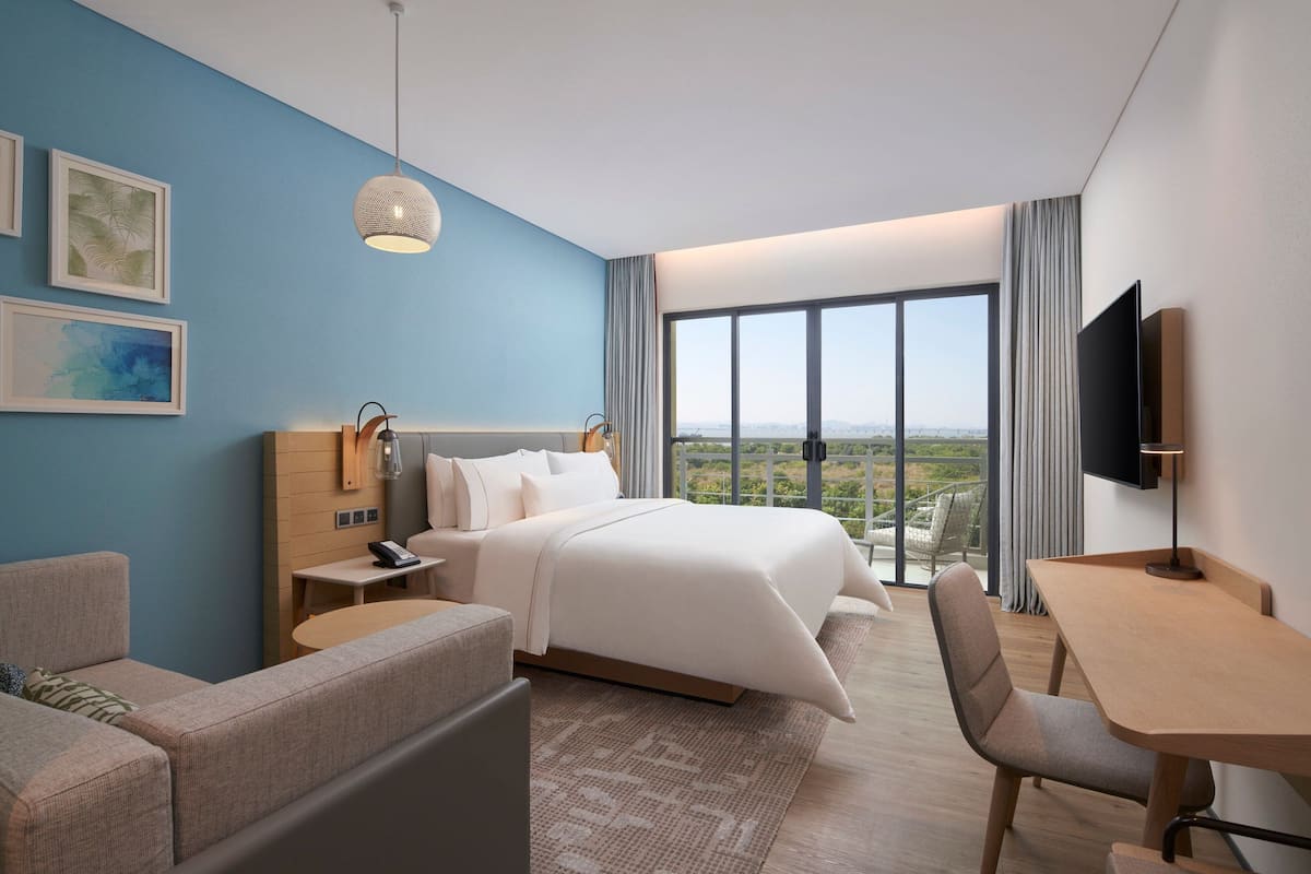 A hotel room with a bed, a desk, a chair, a sofa, a TV, a lamp, and a view of the city.
