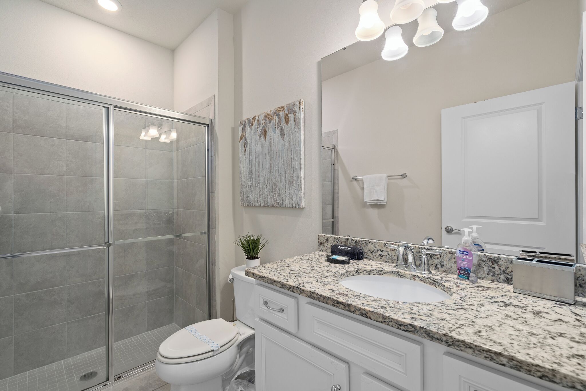 A modern bathroom with a glass shower enclosure, a granite countertop sink, and a large mirror.