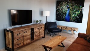 Un salon comprenant un meuble en bois, un téléviseur à écran plat, un fauteuil moderne, une table basse en bois et un grand tableau représentant un paon, accroché au mur.