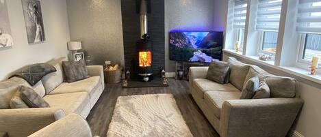 Smart TV, fireplace, stereo