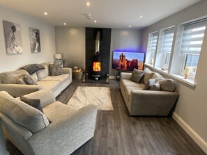 Smart TV, fireplace, stereo