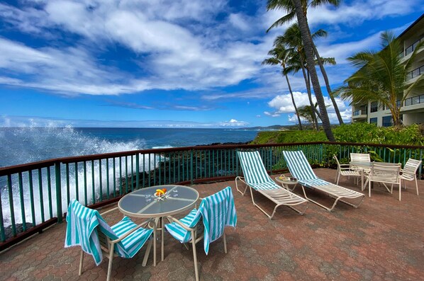 Outdoor dining - Poipu Shores 101A: So Close to the Ocean you can almost touch it! (Koloa)