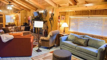 Televisión de pantalla plana, chimenea y reproductor de DVD