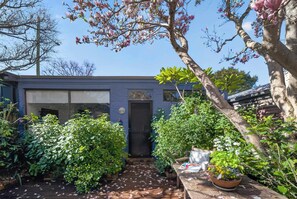 A garden with a variety of plants and a wooden bench. - Stylish Studio in Heart of Annandale Village (Annandale)