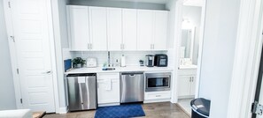 Fridge, microwave, dishwasher, coffee/tea maker