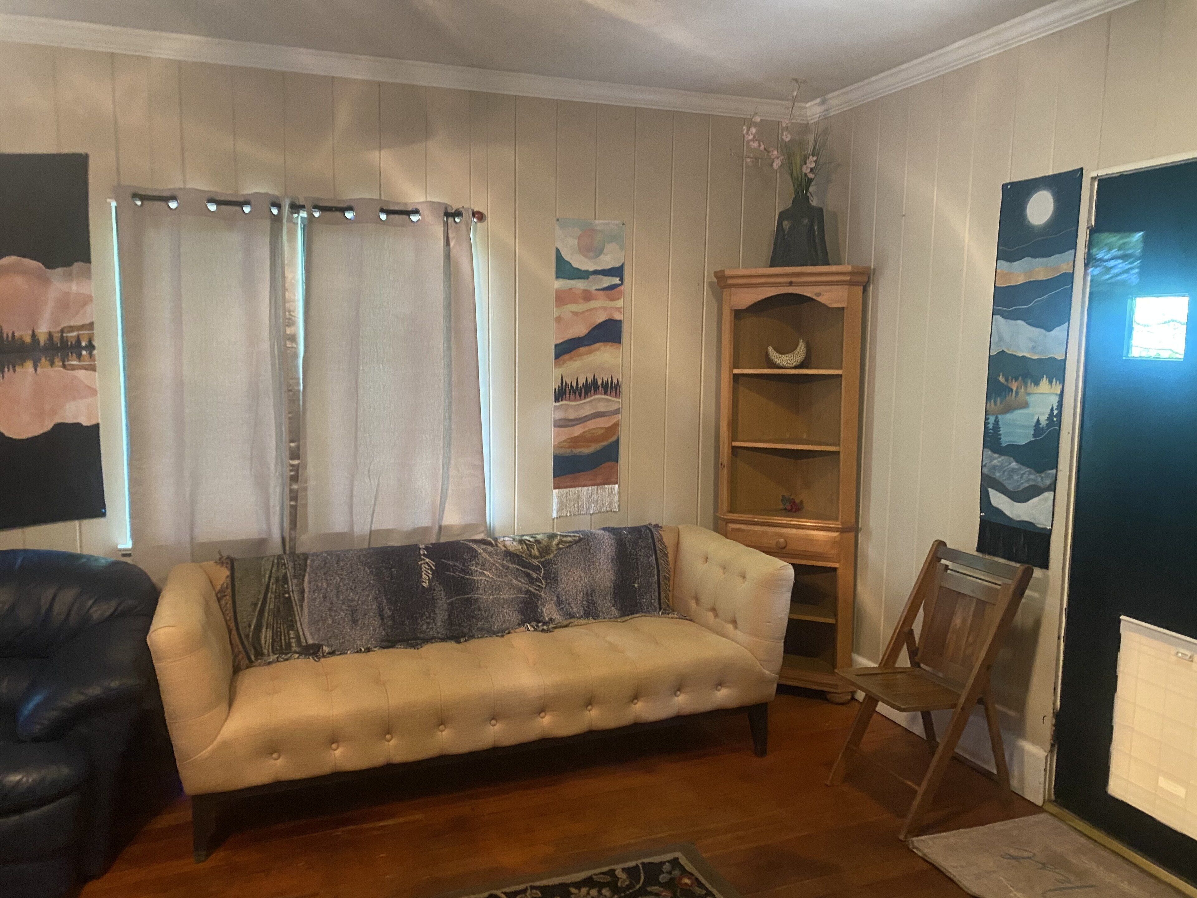 Smart TV, fireplace, table football, books