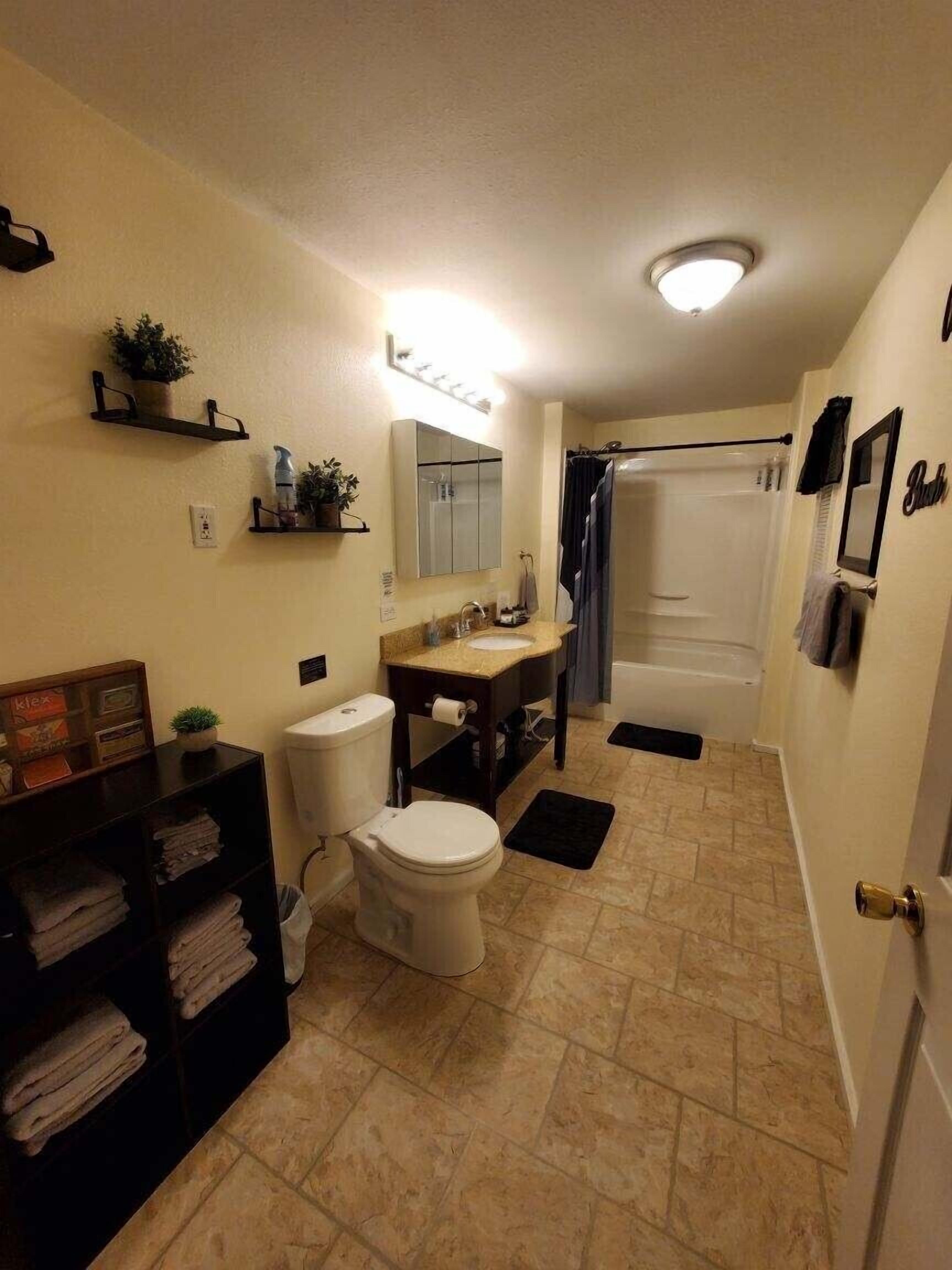 Bañera con ducha, secador de pelo, toallas, jabón