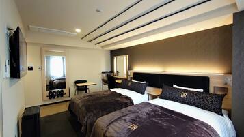 Down duvets, desk, laptop workspace, iron/ironing board